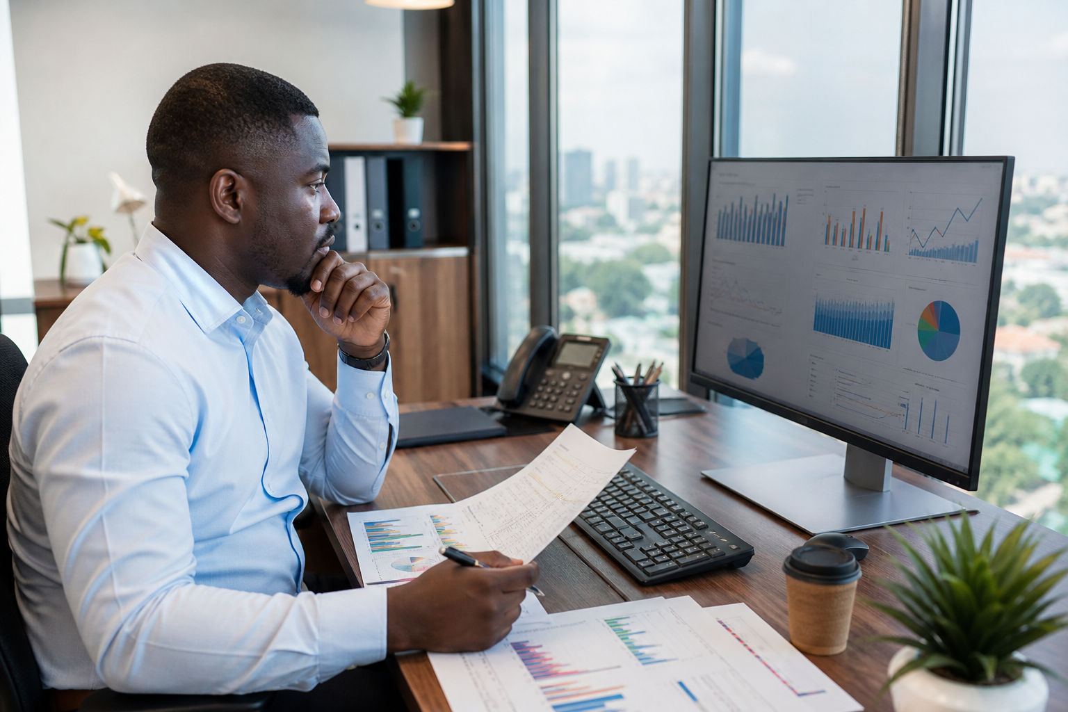 Finance manager reviewing inventory and profit reports in Accra