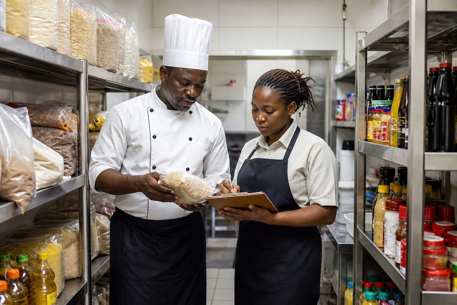 Hospitality storekeeper checking incoming kitchen supplies