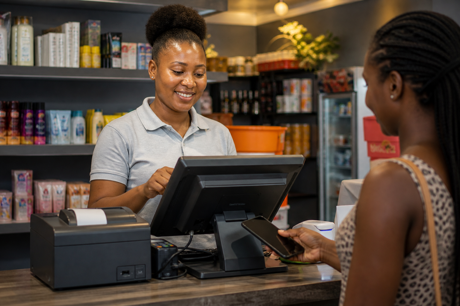 Retail cashier processing a POS sale in a Ghanaian store