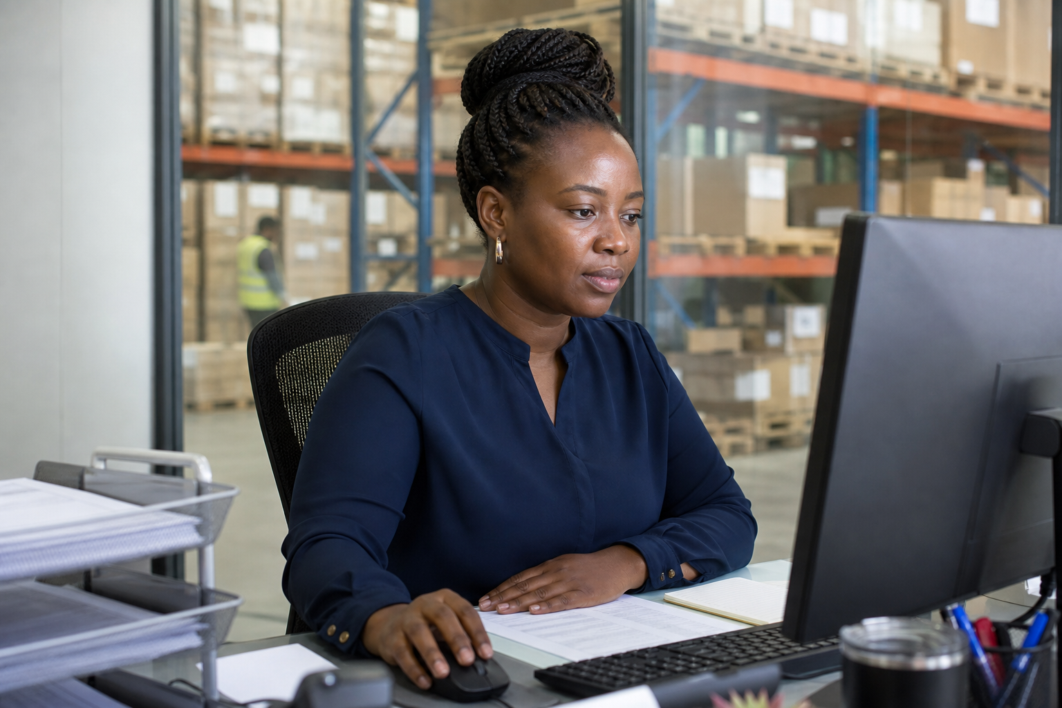 Procurement manager reviewing purchase orders beside a warehouse