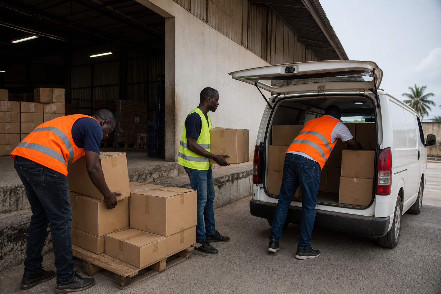Warehouse team loading stock onto a van for store replenishment