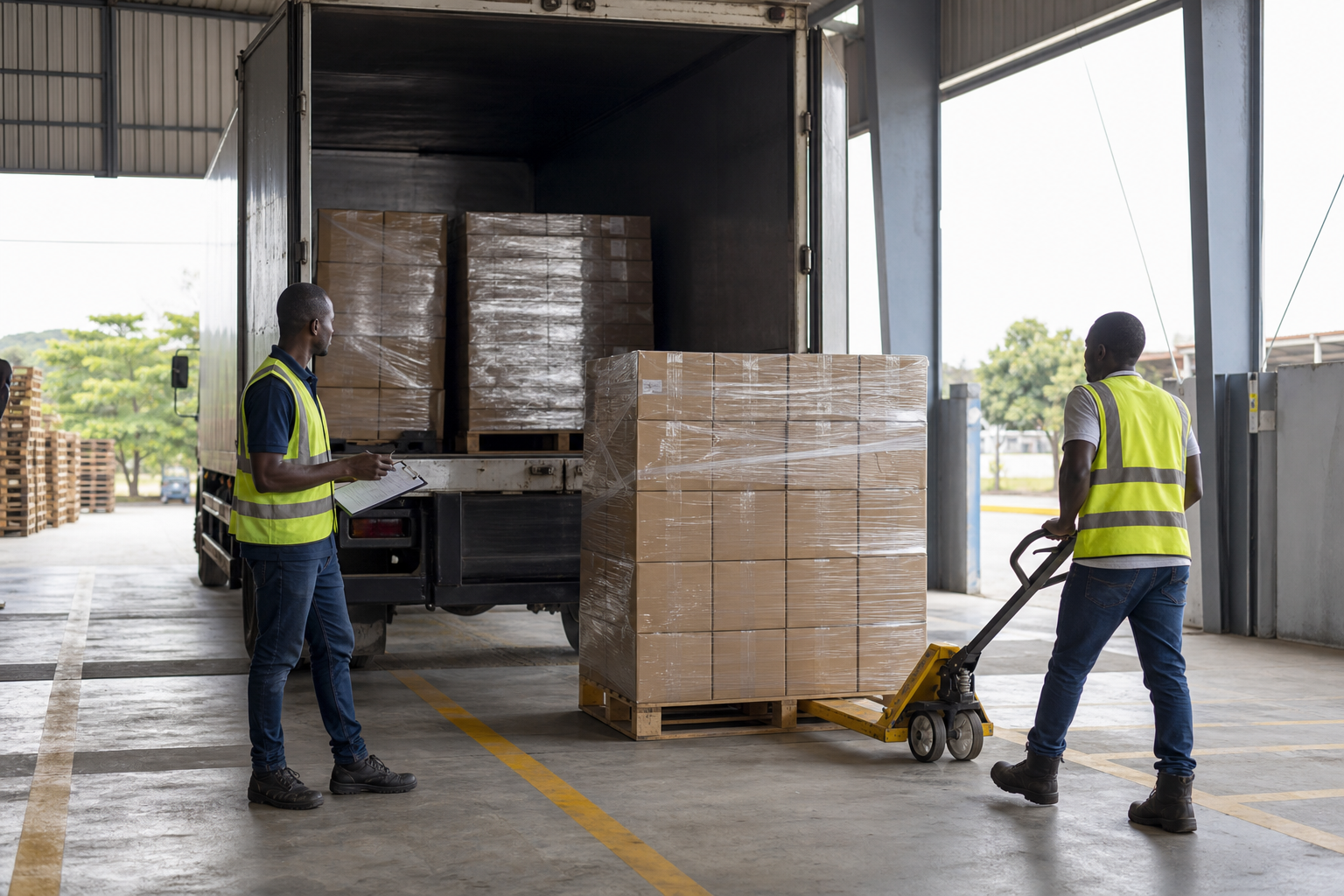 Warehouse receiving dock unloading supplier deliveries in Ghana